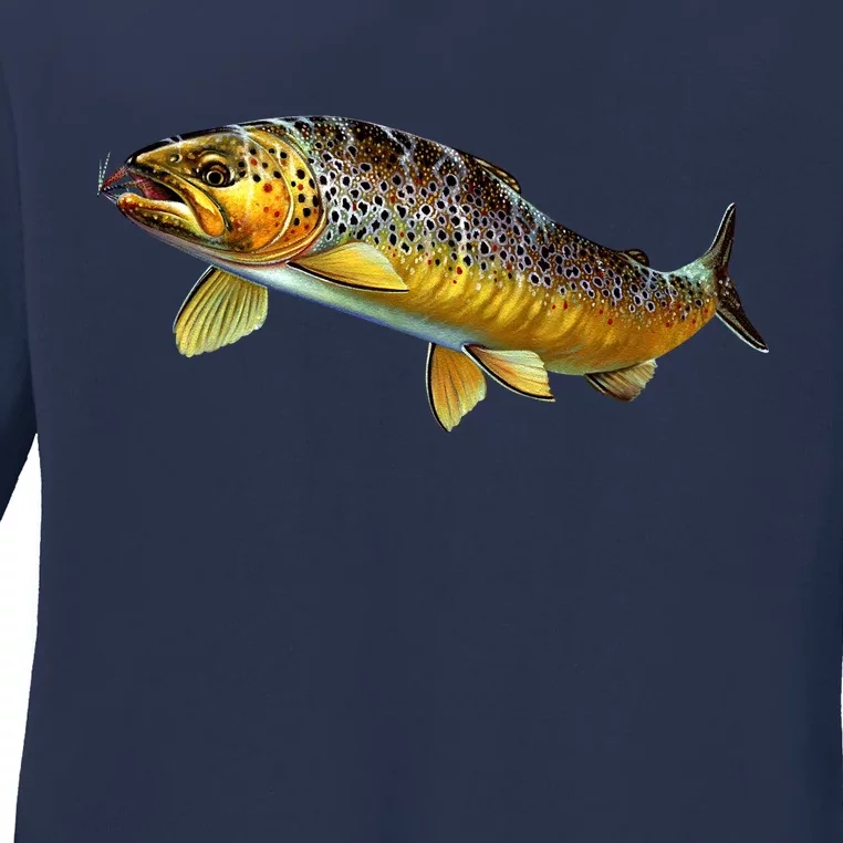 Brown Trout Fish with Fly Ladies Long Sleeve Shirt