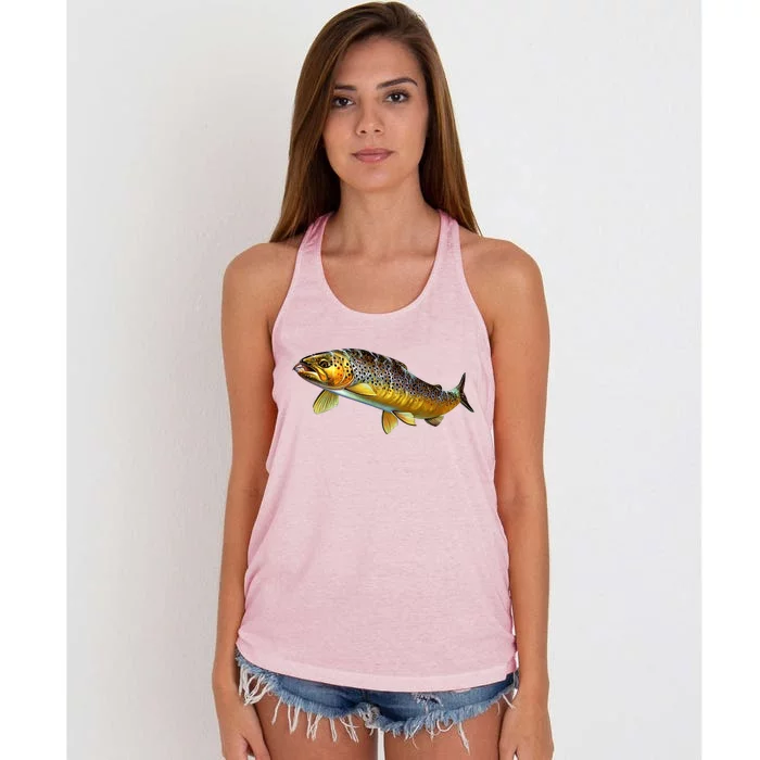 Brown Trout Fish with Fly Women's Knotted Racerback Tank