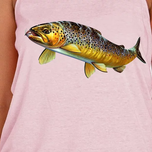 Brown Trout Fish with Fly Women's Knotted Racerback Tank