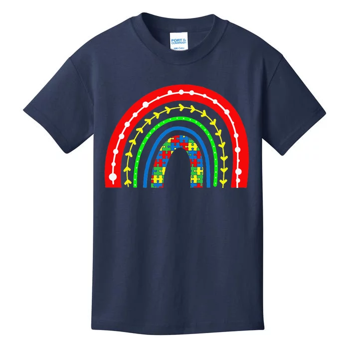 Boho Rainbow Puzzle Piece Autism Awareness Autistic Love Kids T-Shirt