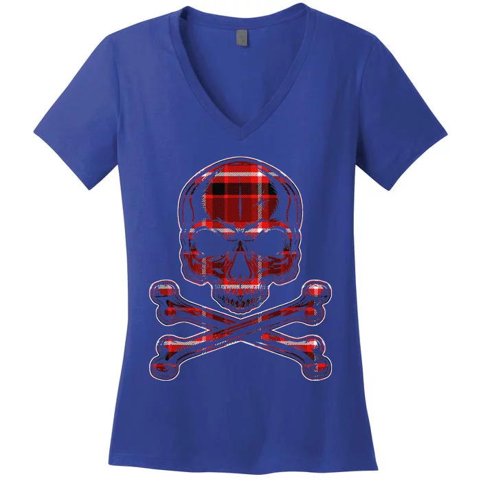 Buffalo Red Plaid Merry Christmas Skull Crossbones Women's V-Neck T-Shirt