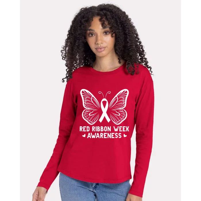 Butterfly Red Ribbon Week Awareness Drug Free Womens Cotton Relaxed Long Sleeve T-Shirt