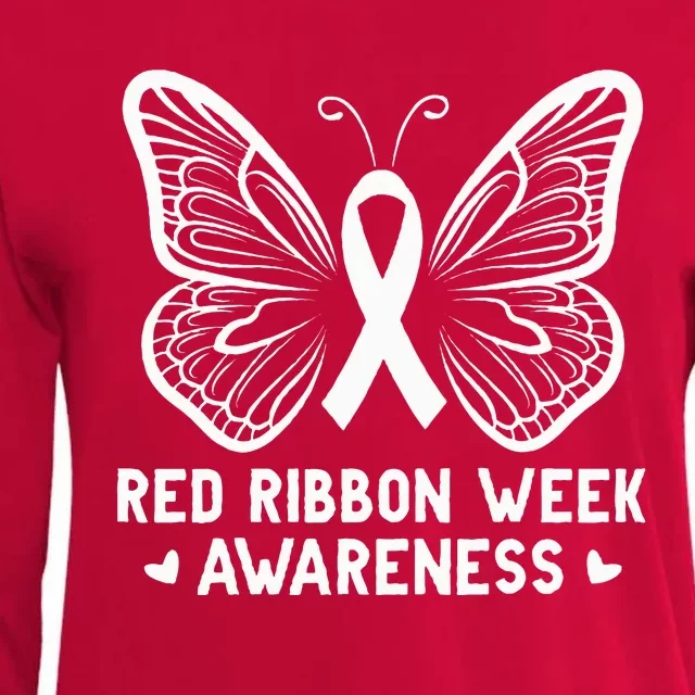 Butterfly Red Ribbon Week Awareness Drug Free Womens Cotton Relaxed Long Sleeve T-Shirt