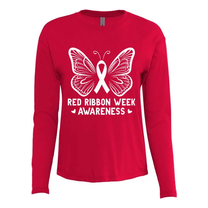 Butterfly Red Ribbon Week Awareness Drug Free Womens Cotton Relaxed Long Sleeve T-Shirt