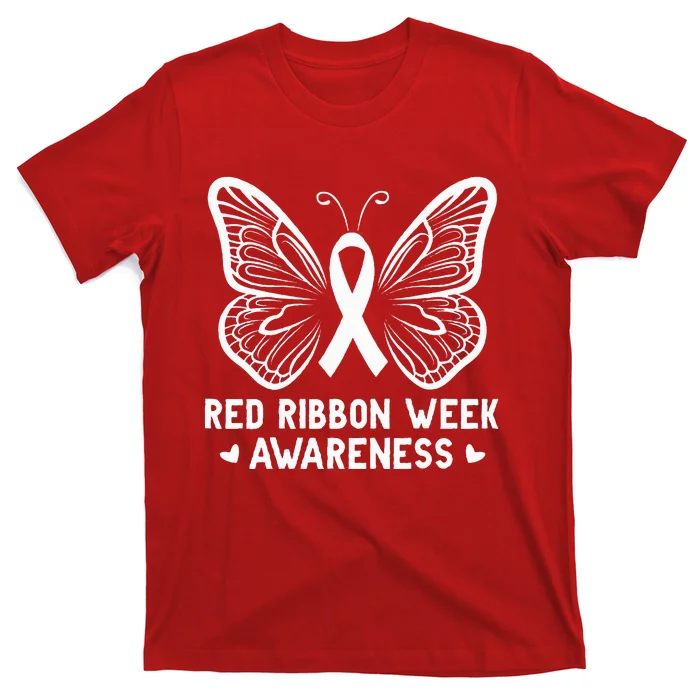 Butterfly Red Ribbon Week Awareness Drug Free T-Shirt