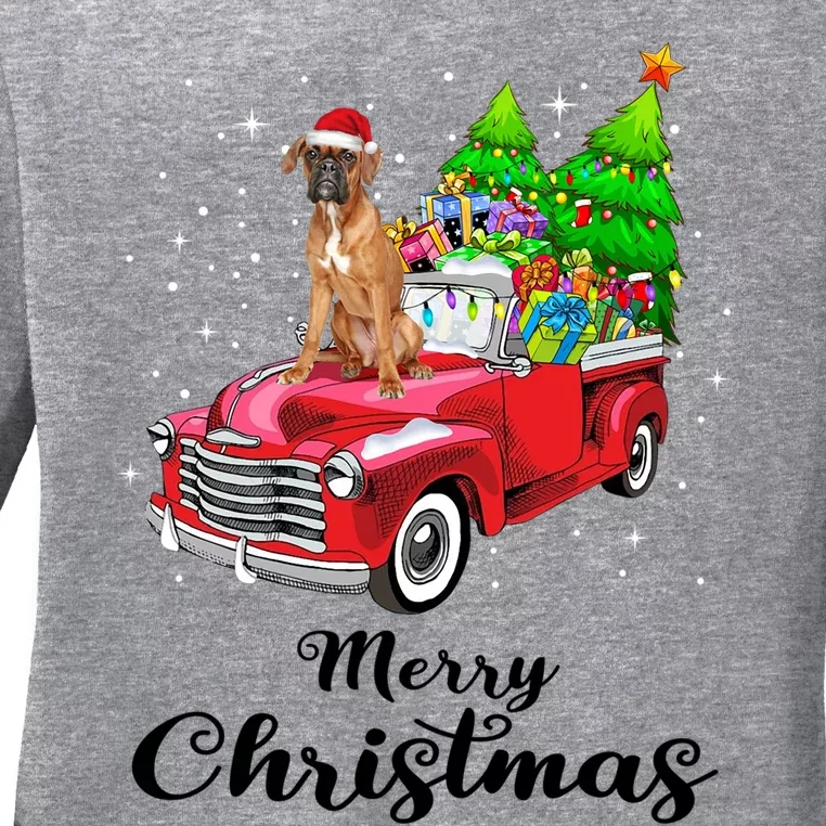 Boxer Ride Red Truck Christmas Pajama Cool Gift Ladies Long Sleeve Shirt