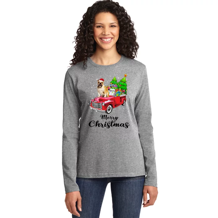 Bulldog Ride Red Truck Christmas Pajama Gift Ladies Long Sleeve Shirt