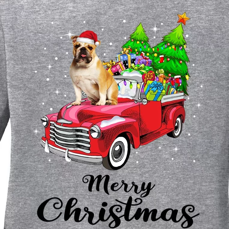 Bulldog Ride Red Truck Christmas Pajama Gift Ladies Long Sleeve Shirt