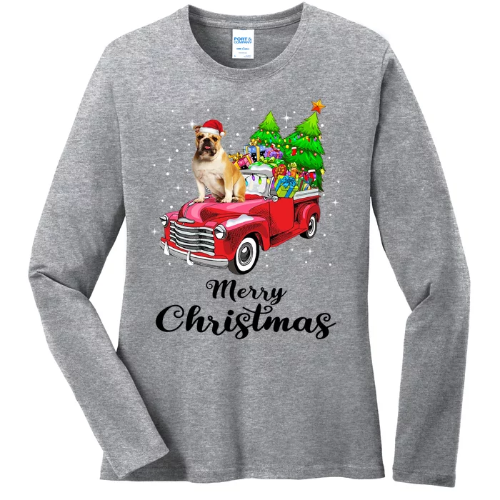 Bulldog Ride Red Truck Christmas Pajama Gift Ladies Long Sleeve Shirt