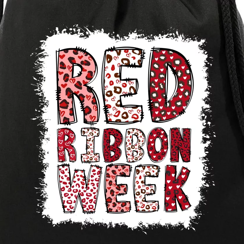 Bleached Red Ribbon Week Leopard We Wear Red For Awareness Drawstring Bag