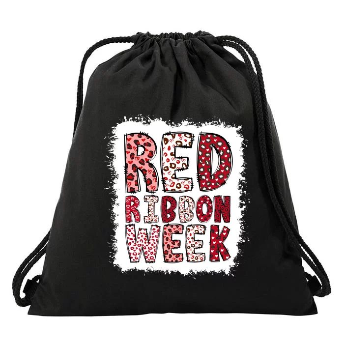 Bleached Red Ribbon Week Leopard We Wear Red For Awareness Drawstring Bag