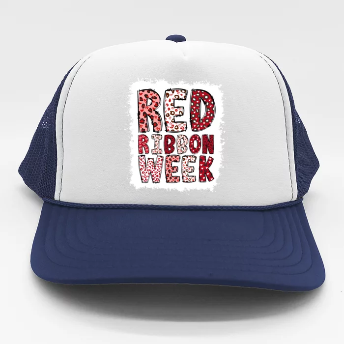 Bleached Red Ribbon Week Leopard We Wear Red For Awareness Trucker Hat