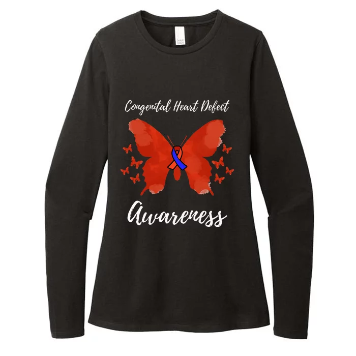 Blue Red Ribbon CHD Congenital Heart Defect Awareness Womens CVC Long Sleeve Shirt