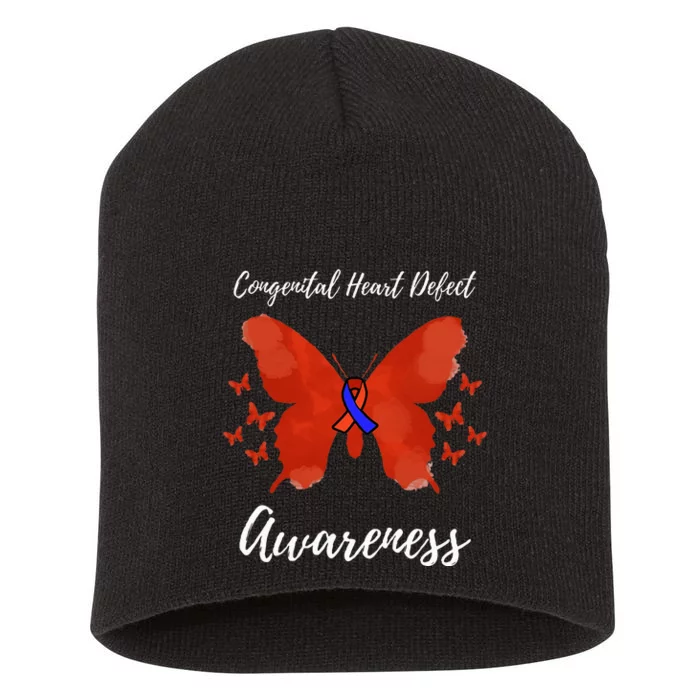 Blue Red Ribbon CHD Congenital Heart Defect Awareness Short Acrylic Beanie