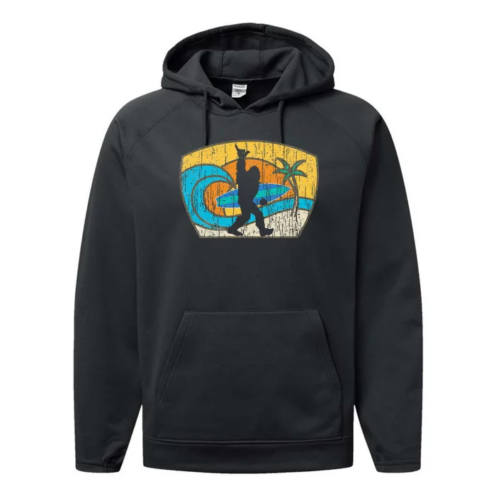 Bigfoot Retro Surfing Gift For Shaka Aloha Surfer Dude Performance Fleece Hoodie