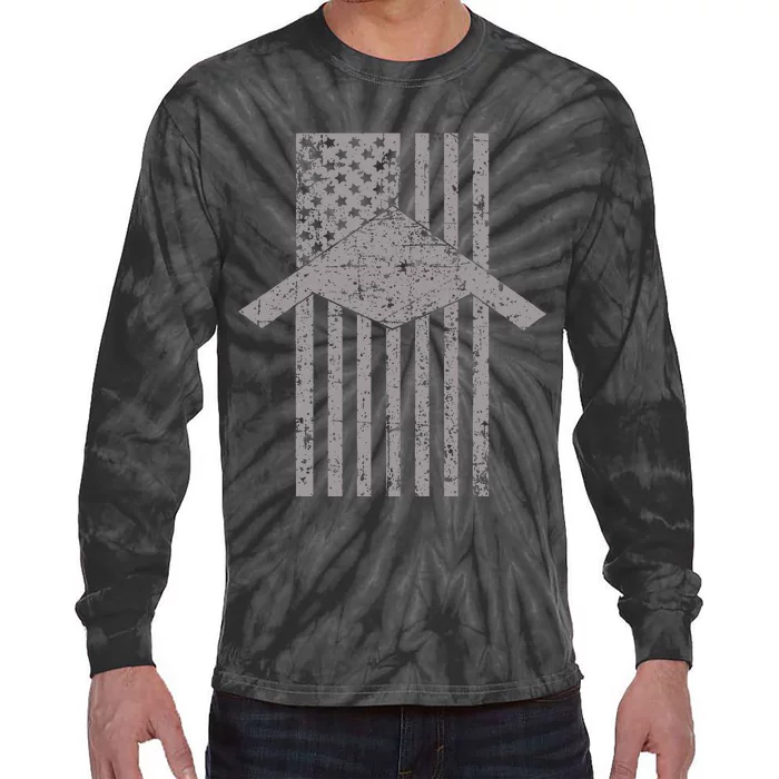 B21 Raider Stealth Bomber Patriotic Vintage American Flag Tie-Dye Long Sleeve Shirt