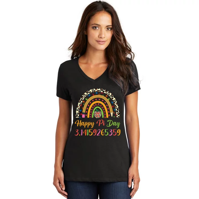 Boho Rainbow Spiral Pi Math Teacher 3 14 Happy Pi Day Great Gift Women's V-Neck T-Shirt