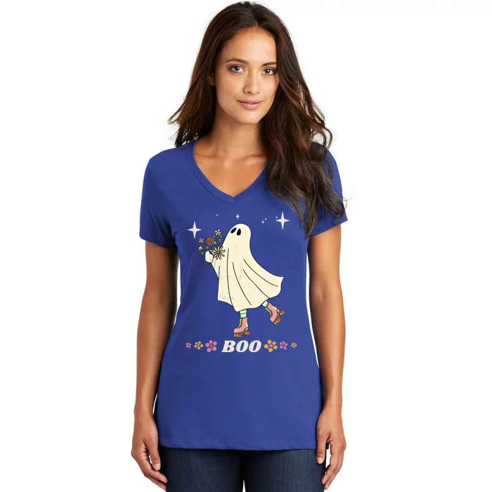 Boo Roller Skating Hippie Ghost For Halloween And More Great Gift Women's V-Neck T-Shirt