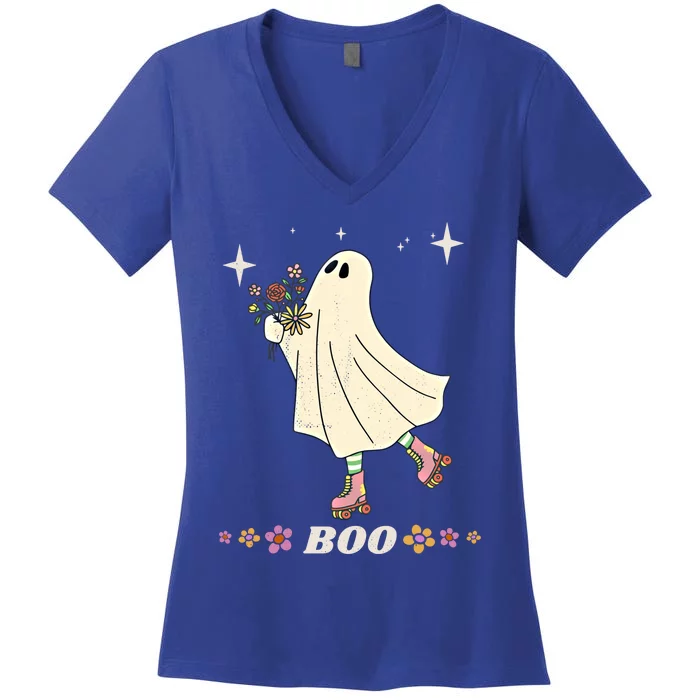 Boo Roller Skating Hippie Ghost For Halloween And More Great Gift Women's V-Neck T-Shirt