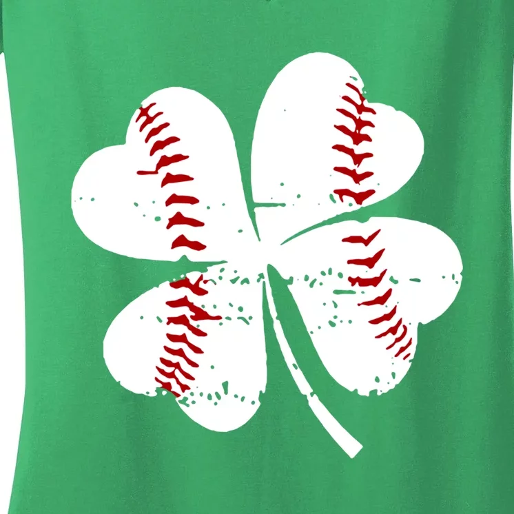 Baseball Retro St PatrickS Day Shamrock Baseball Lover Great Gift Women's V-Neck T-Shirt