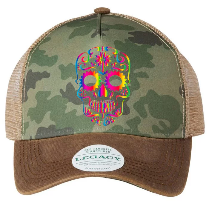 Bright Rainbow Sugar Skull Day Of The Dead Legacy Tie Dye Trucker Hat