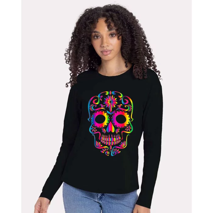 Bright Rainbow Sugar Skull Day Of The Dead Womens Cotton Relaxed Long Sleeve T-Shirt