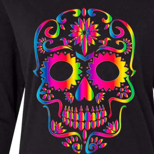 Bright Rainbow Sugar Skull Day Of The Dead Womens Cotton Relaxed Long Sleeve T-Shirt