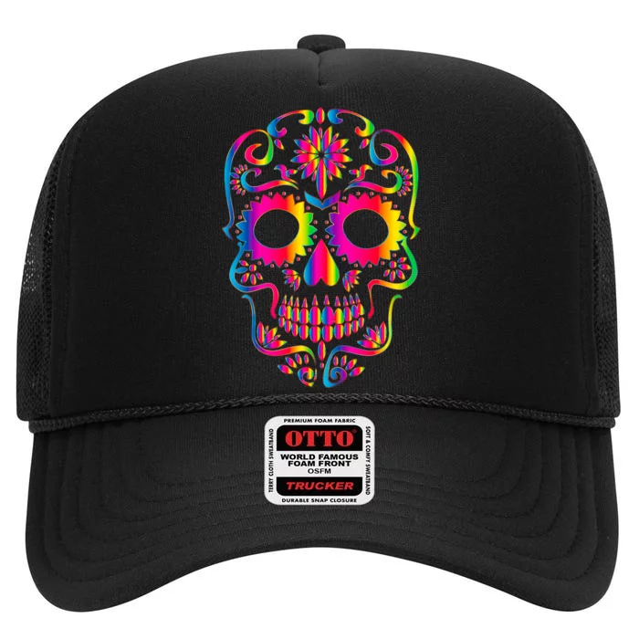 Bright Rainbow Sugar Skull Day Of The Dead High Crown Mesh Trucker Hat