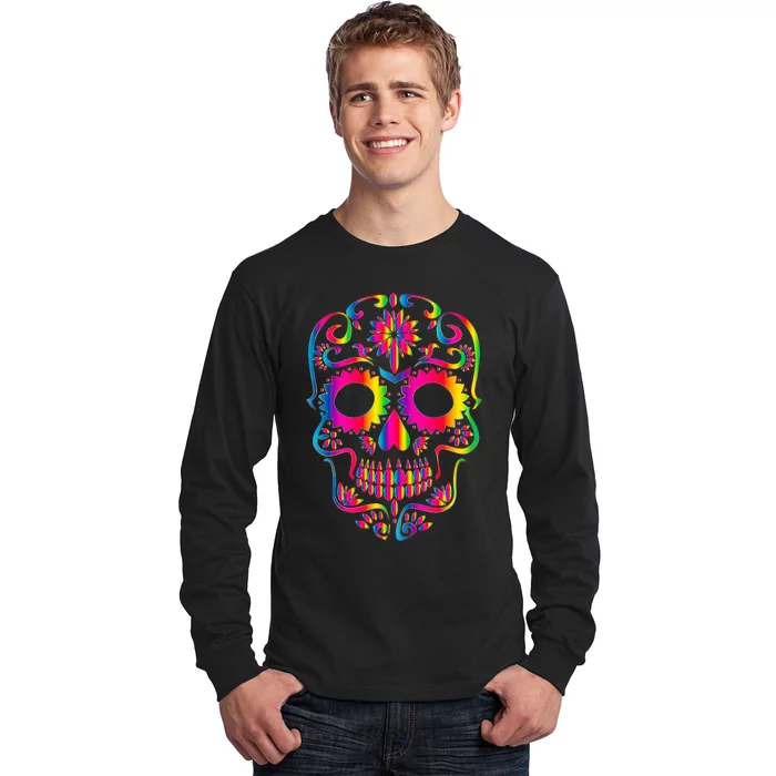 Bright Rainbow Sugar Skull Day Of The Dead Long Sleeve Shirt