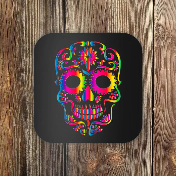 Bright Rainbow Sugar Skull Day Of The Dead Coaster