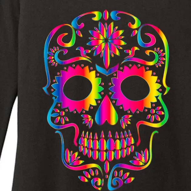 Bright Rainbow Sugar Skull Day Of The Dead Womens CVC Long Sleeve Shirt