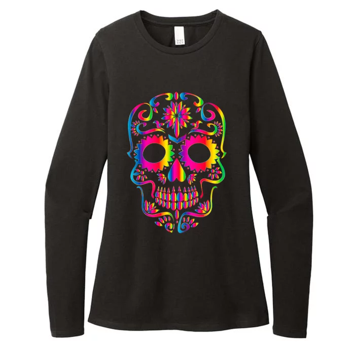 Bright Rainbow Sugar Skull Day Of The Dead Womens CVC Long Sleeve Shirt