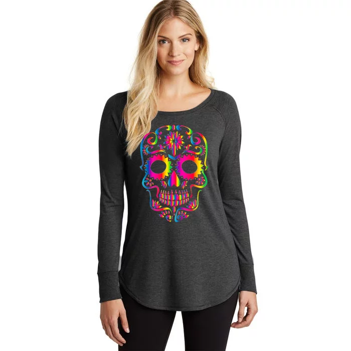 Bright Rainbow Sugar Skull Day Of The Dead Women's Perfect Tri Tunic Long Sleeve Shirt