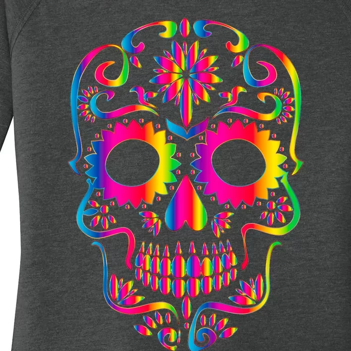 Bright Rainbow Sugar Skull Day Of The Dead Women's Perfect Tri Tunic Long Sleeve Shirt