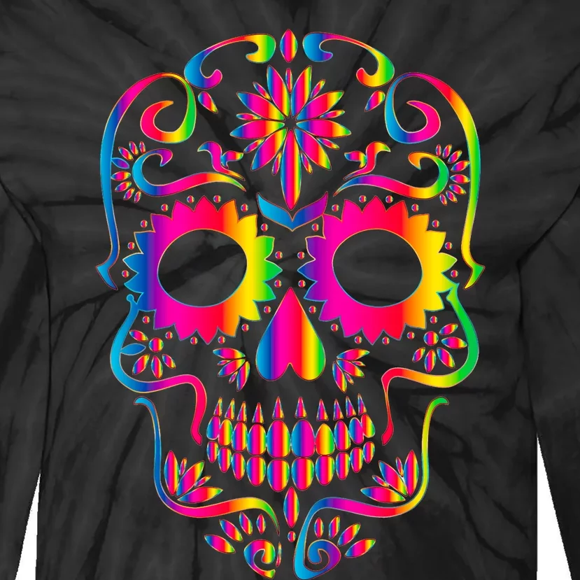 Bright Rainbow Sugar Skull Day Of The Dead Tie-Dye Long Sleeve Shirt