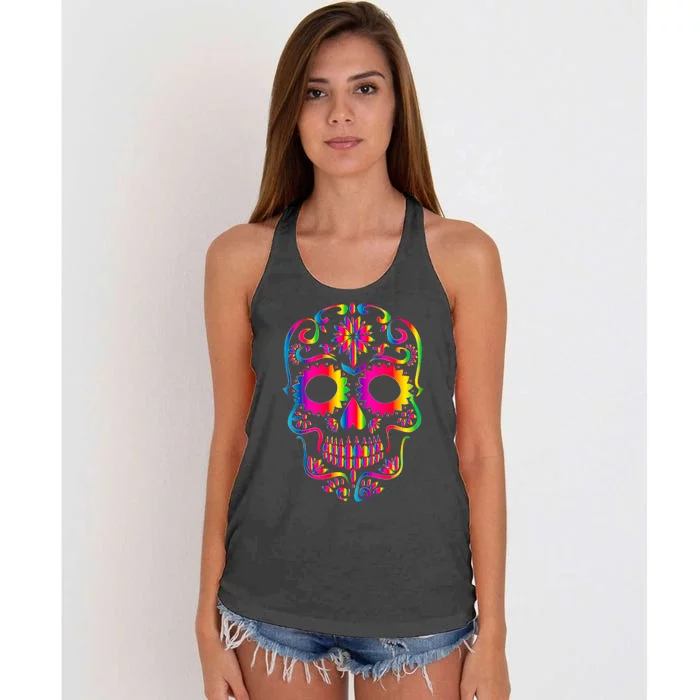 Bright Rainbow Sugar Skull Day Of The Dead Women's Knotted Racerback Tank