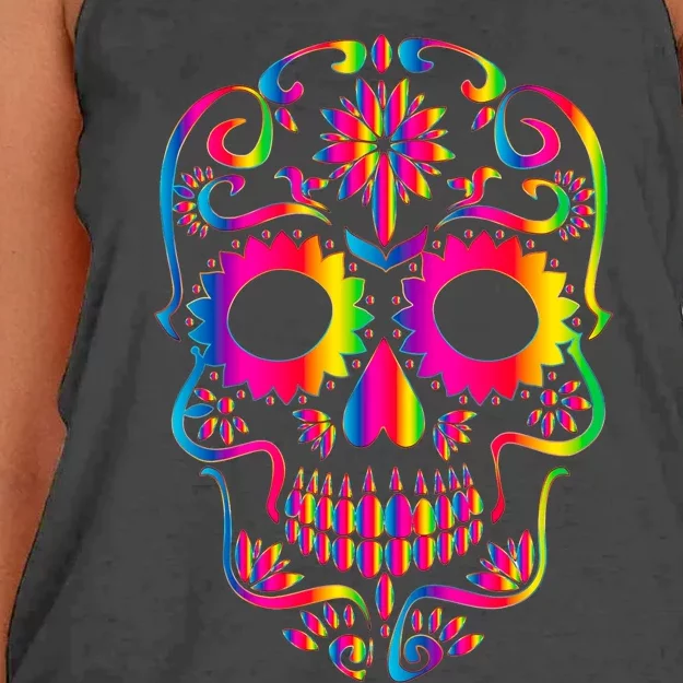 Bright Rainbow Sugar Skull Day Of The Dead Women's Knotted Racerback Tank