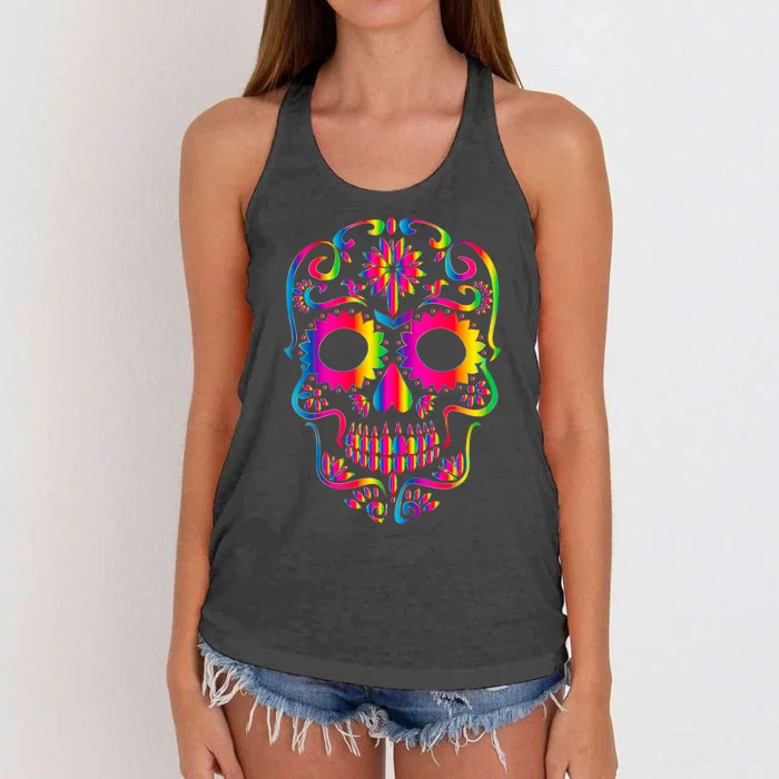 Bright Rainbow Sugar Skull Day Of The Dead Women's Knotted Racerback Tank