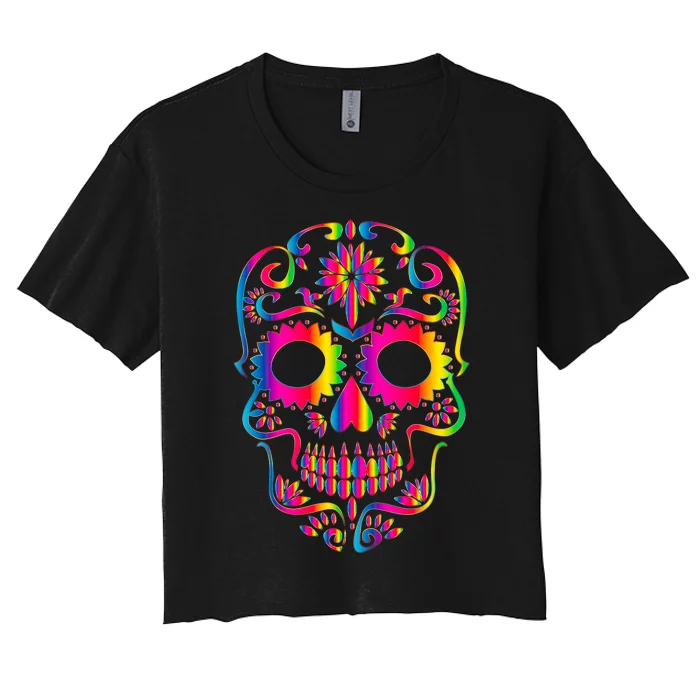 Bright Rainbow Sugar Skull Day Of The Dead Women's Crop Top Tee