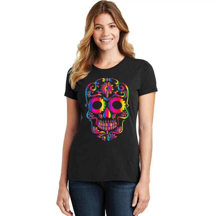 Bright Rainbow Sugar Skull Day Of The Dead Women's T-Shirt