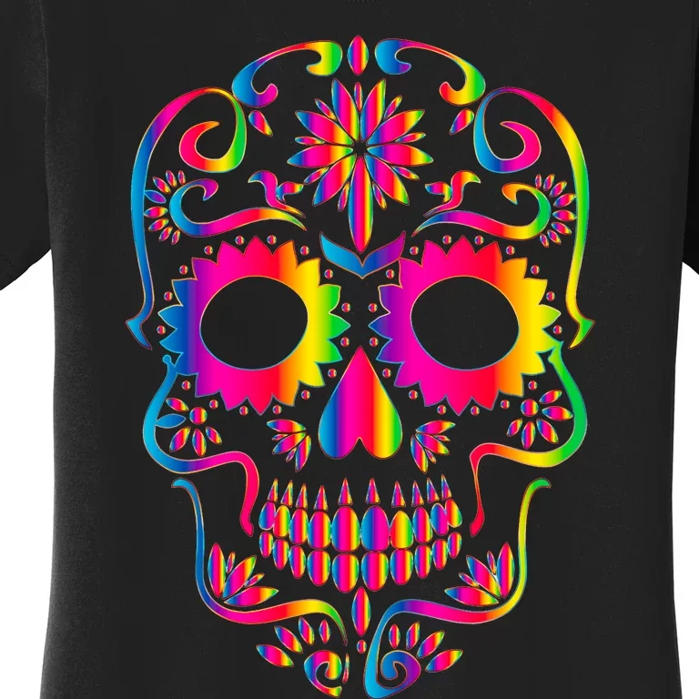 Bright Rainbow Sugar Skull Day Of The Dead Women's T-Shirt