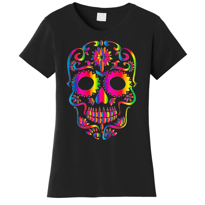 Bright Rainbow Sugar Skull Day Of The Dead Women's T-Shirt