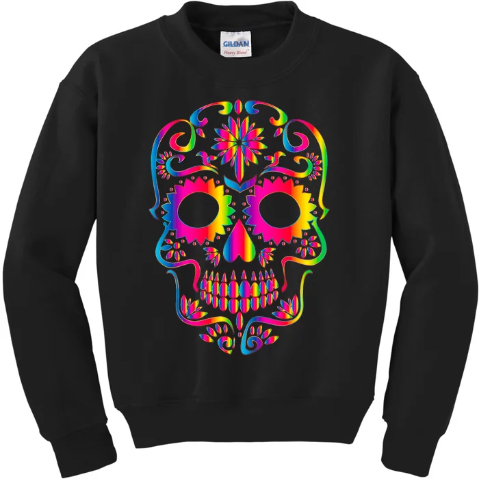 Bright Rainbow Sugar Skull Day Of The Dead Kids Sweatshirt