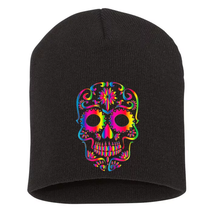 Bright Rainbow Sugar Skull Day Of The Dead Short Acrylic Beanie