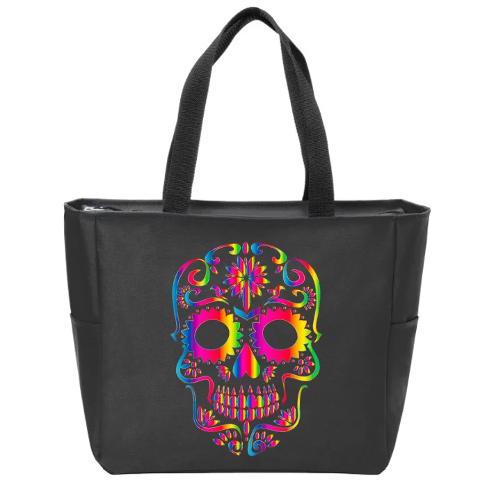 Bright Rainbow Sugar Skull Day Of The Dead Zip Tote Bag