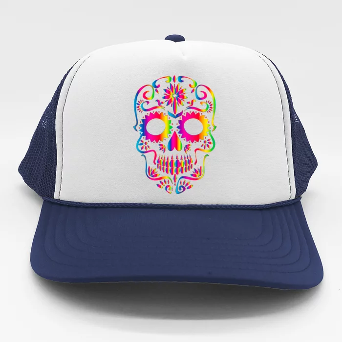 Bright Rainbow Sugar Skull Day Of The Dead Trucker Hat