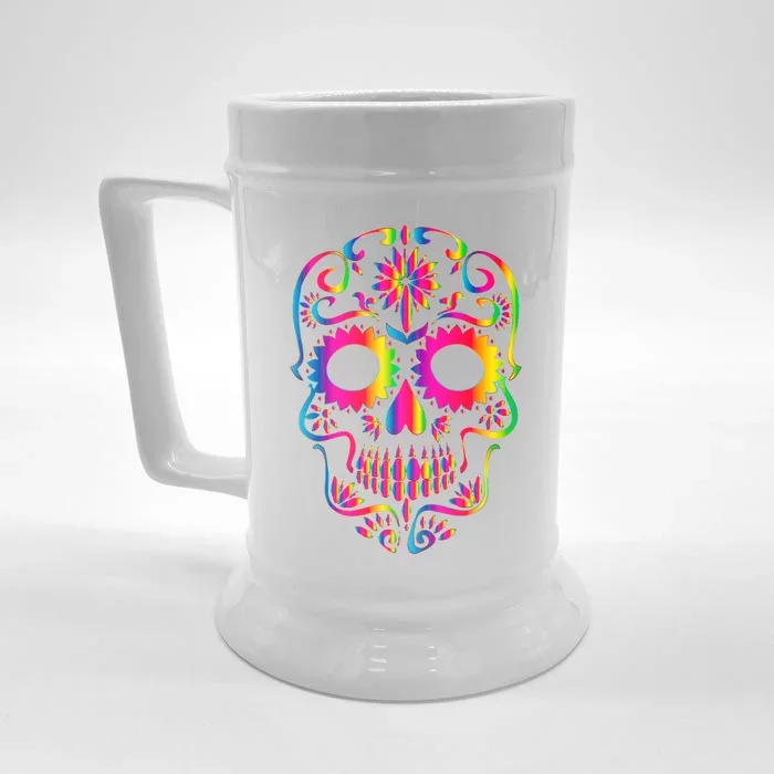 Bright Rainbow Sugar Skull Day Of The Dead Front & Back Beer Stein