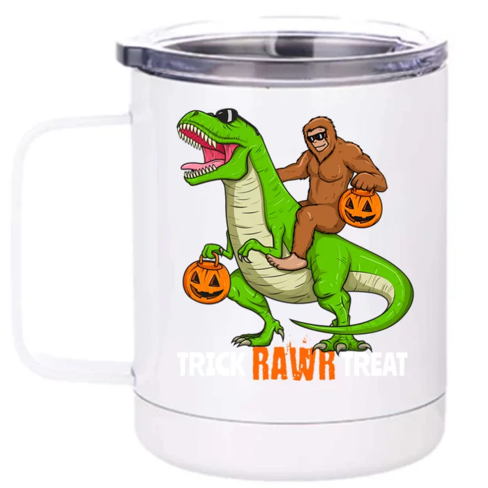 Bigfoot Riding T Rex Dinosaur Halloween Trick Rawr Treat Gift Front & Back 12oz Stainless Steel Tumbler Cup