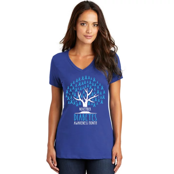 Blue Ribbon Tree Cute Gift T1d Diabetes Awareness Gift Women's V-Neck T-Shirt