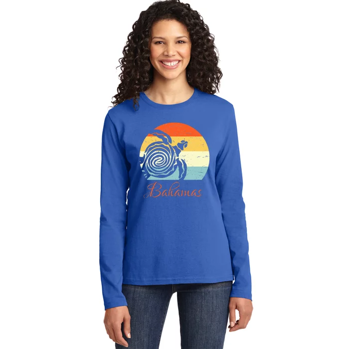 Bahamas Retro Throwback Sea Turtle Vacation Ladies Long Sleeve Shirt